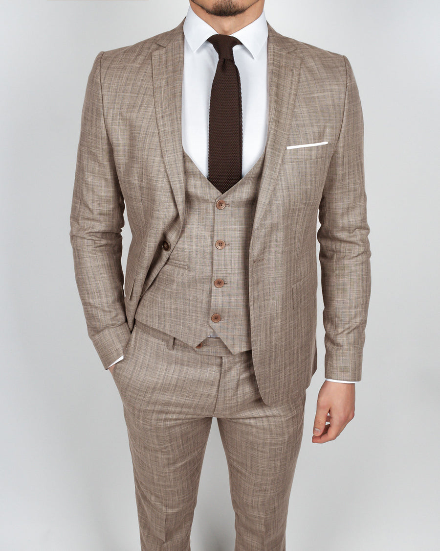 Gavin - 3 piece Mocha Colored Linen Slim fit Suit - Dorian Black